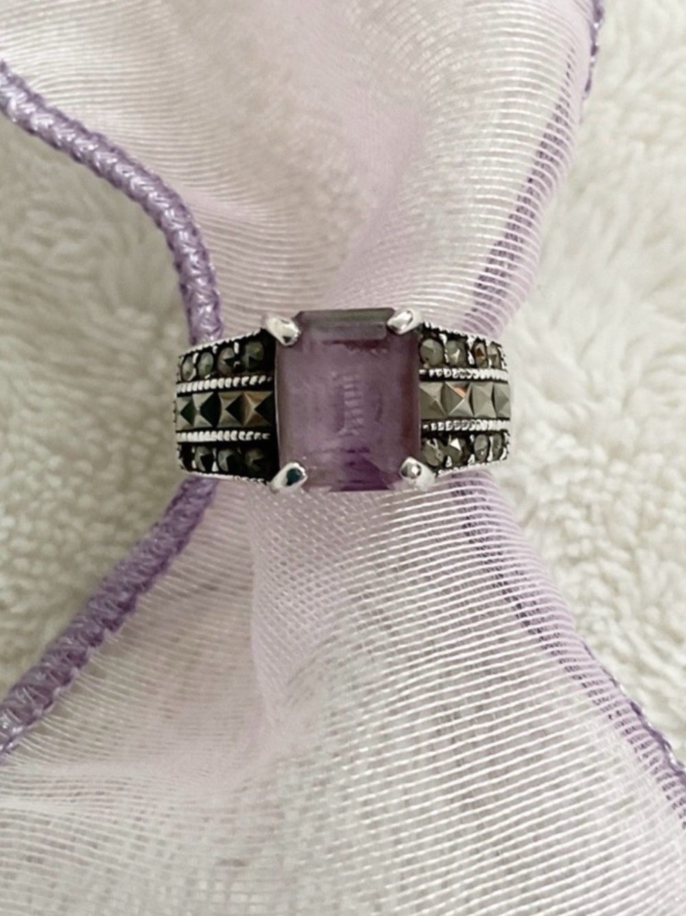 Vintage 925 Sterling Silver Amethyst Marcasite Ring Size 6 Art Deco Style